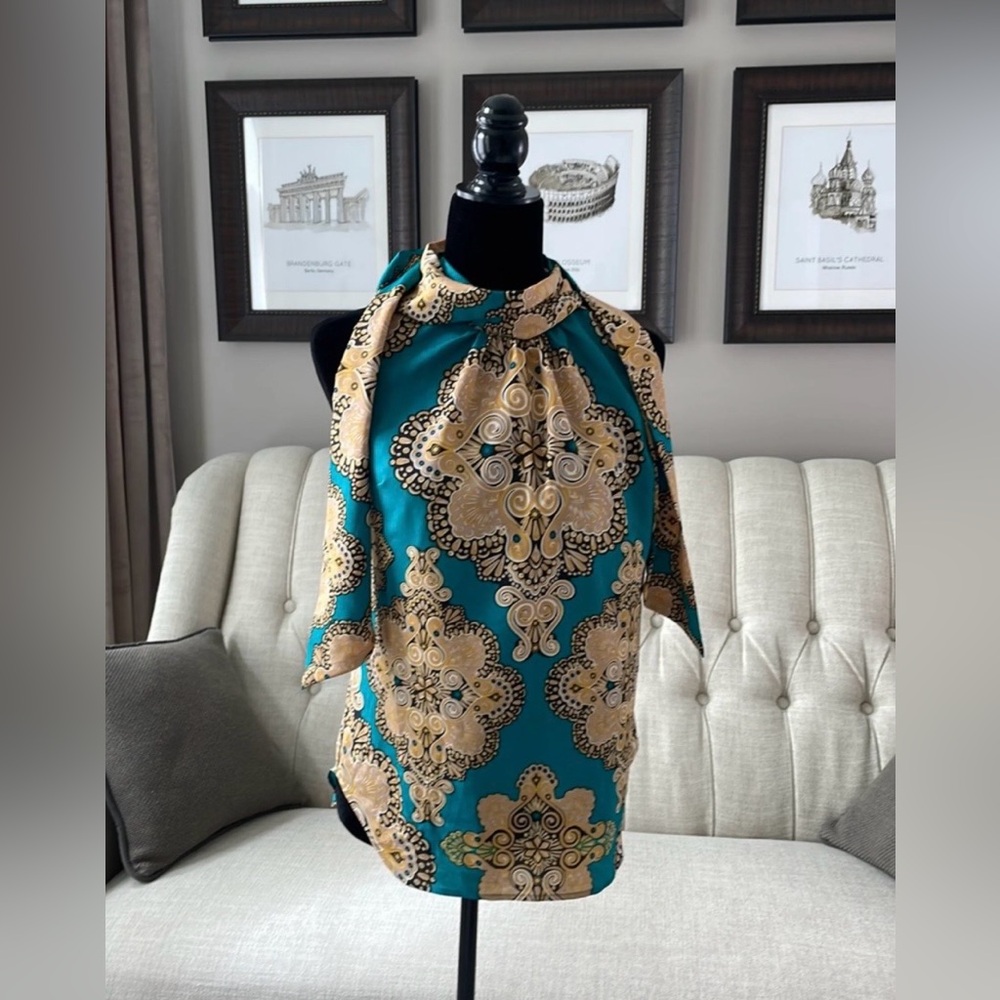 New York & Co Teal & Gold Tie Blouse - Picture 1 of 6
